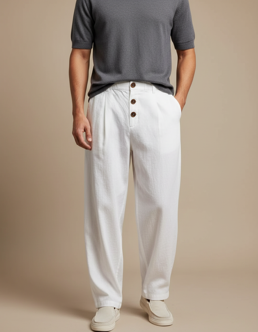Pantalon Fluide Homme Blanc Lin Ample Boutons Décontracté