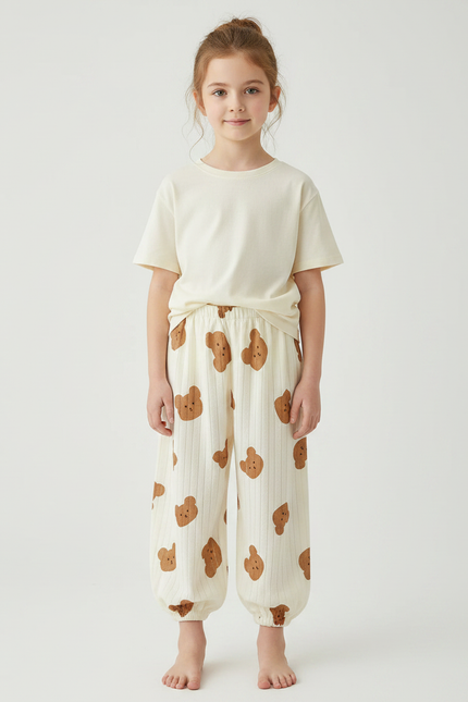 Pantalon Fluide Écru Côtelé Ample Imprimé Oursons Coton - Beige