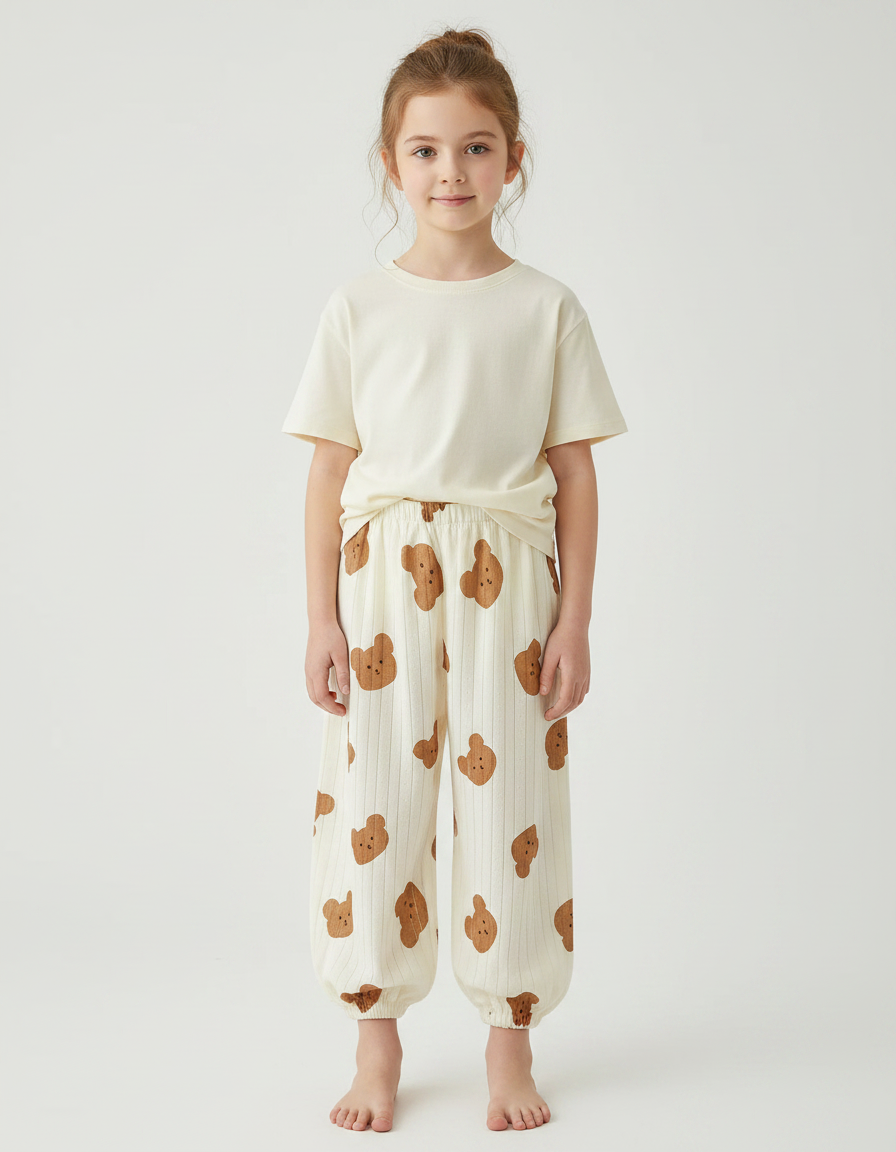 Pantalon Fluide Écru Côtelé Ample Imprimé Oursons Coton - Beige