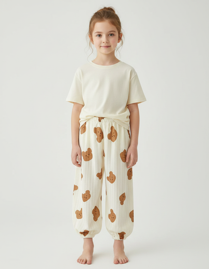 Pantalon Fluide Écru Côtelé Ample Imprimé Oursons Coton - Beige