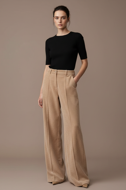 Pantalon Fluide Beige Côtelé Ample Taille Haute Femme - Cordé