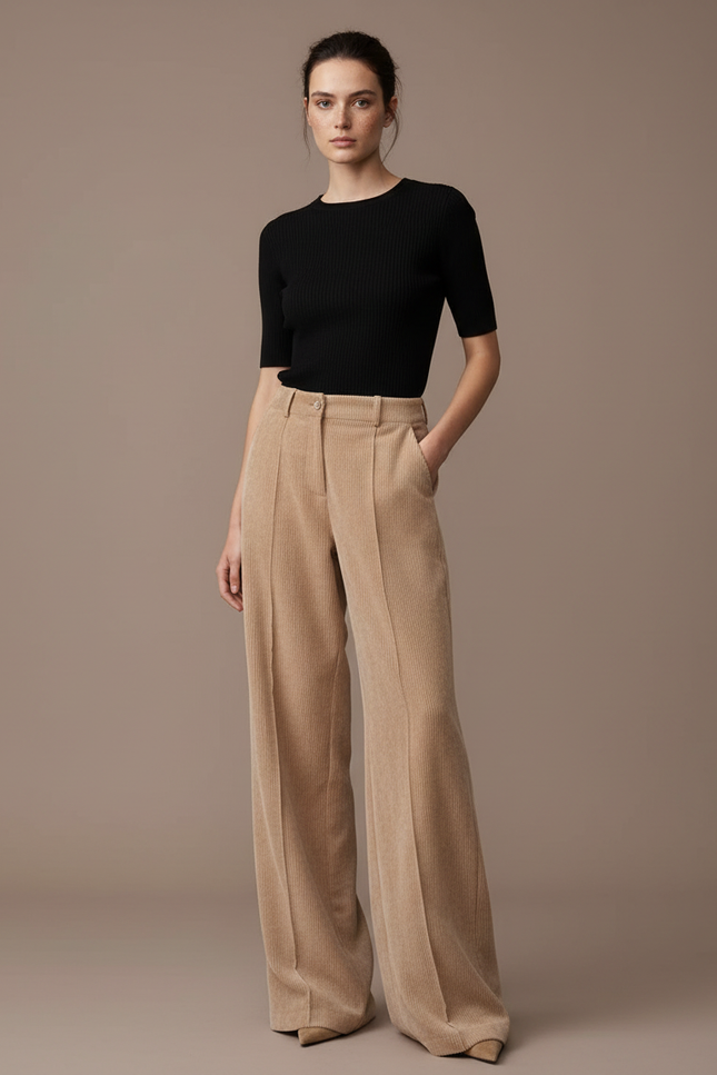 Pantalon Fluide Beige Côtelé Ample Taille Haute Femme - Cordé