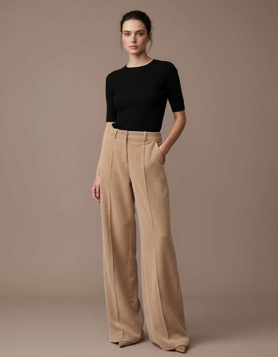 Pantalon Fluide Beige Côtelé Ample Taille Haute Femme - Cordé