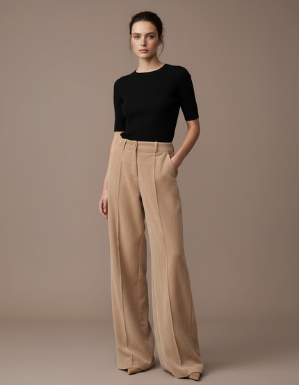 Pantalon Fluide Beige Côtelé Ample Taille Haute Femme - Cordé