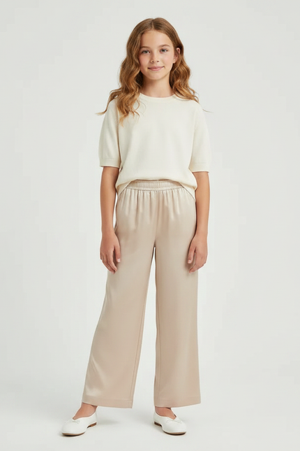 Pantalon Fluide Beige Large Satiné Élégant Fille
