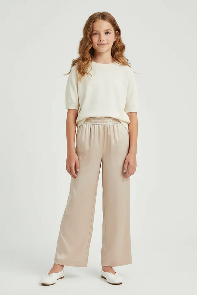 Pantalon Fluide Beige Large Satiné Élégant Fille