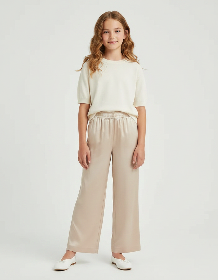 Pantalon Fluide Beige Large Satiné Élégant Fille