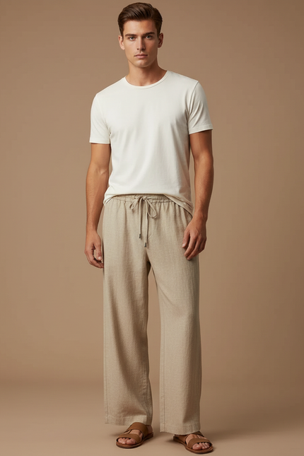 Pantalon Fluide Beige Cordon Ample Lin Homme Décontracté