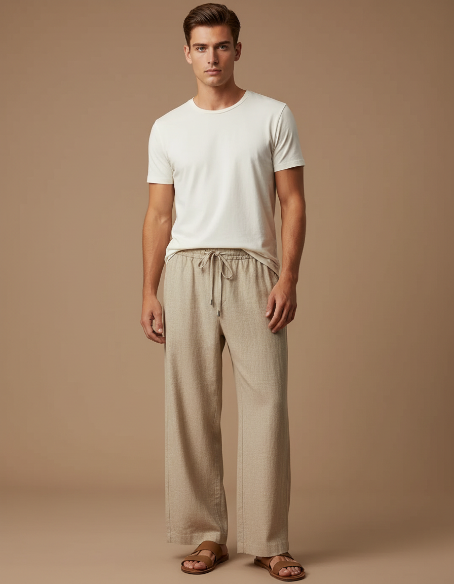 Pantalon Fluide Beige Cordon Ample Lin Homme Décontracté