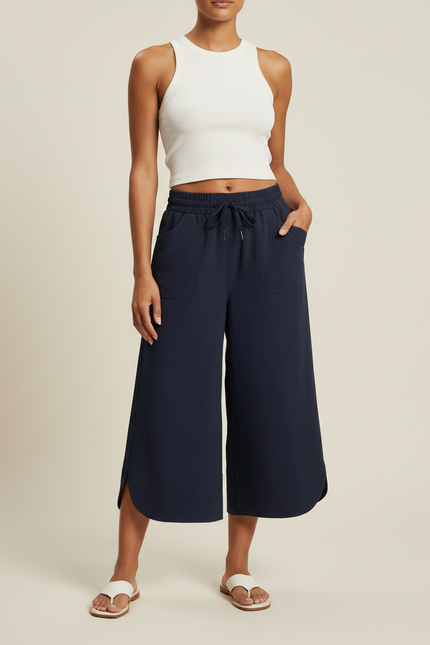 Pantalon Fluide Bleu Marine Ample Décontracté Léger Cordon - Viscose