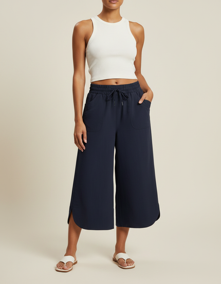 Pantalon Fluide Bleu Marine Ample Décontracté Léger Cordon - Viscose
