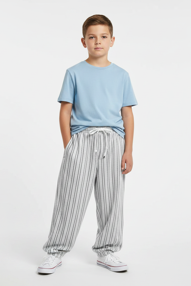 Pantalon Fluide Rayé Ample Décontracté Enfant - Gris Molleton