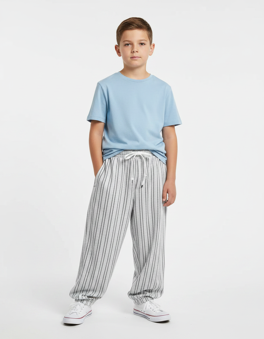 Pantalon Fluide Rayé Ample Décontracté Enfant - Gris Molleton