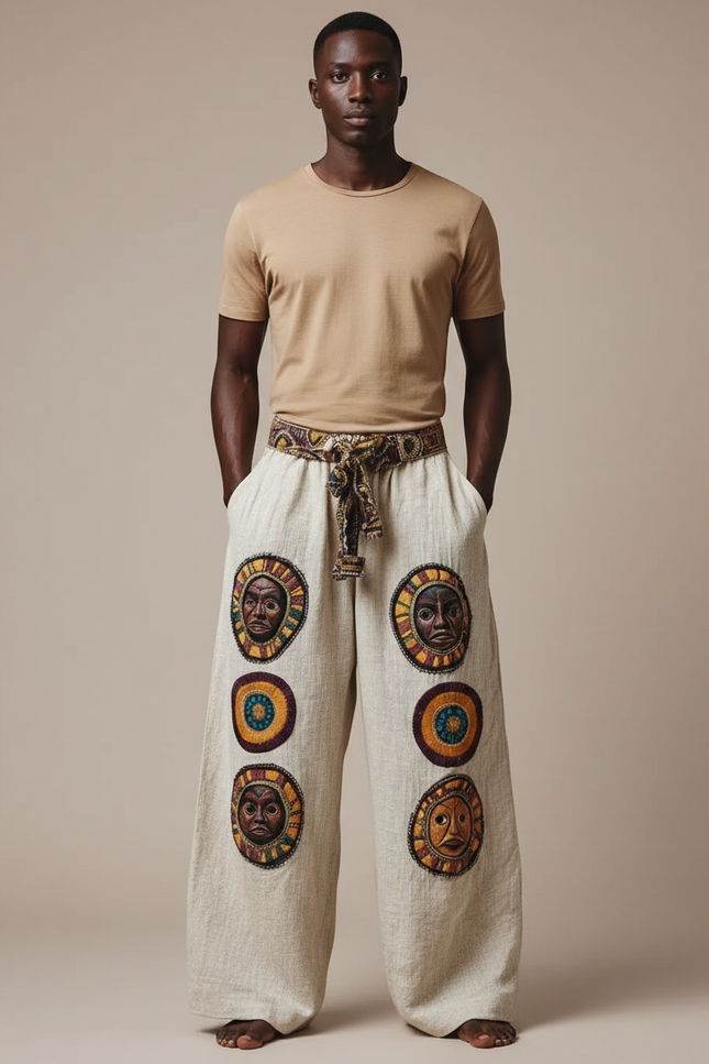 Pantalon Fluide Écru Ample Tribal Masques Ethniques Homme - Beige Lin