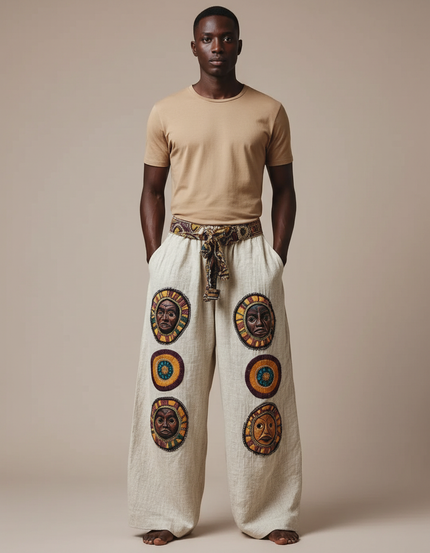 Pantalon Fluide Écru Ample Tribal Masques Ethniques Homme - Beige Lin