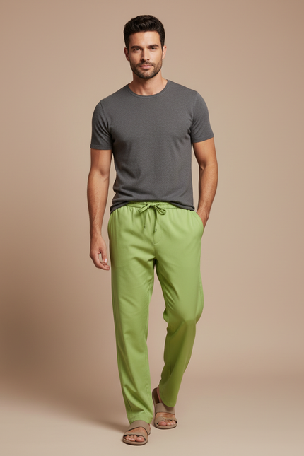 Pantalon Fluide Vert Ample Décontracté Homme Cordon - Viscose