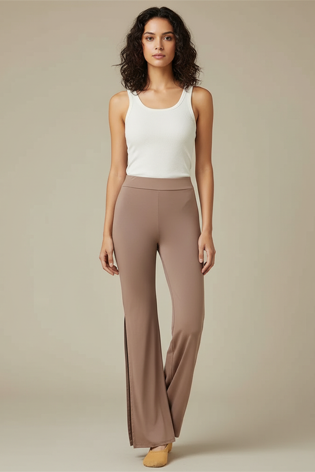 Pantalon Fluide Marron Évasé Fendu Viscose Confortable