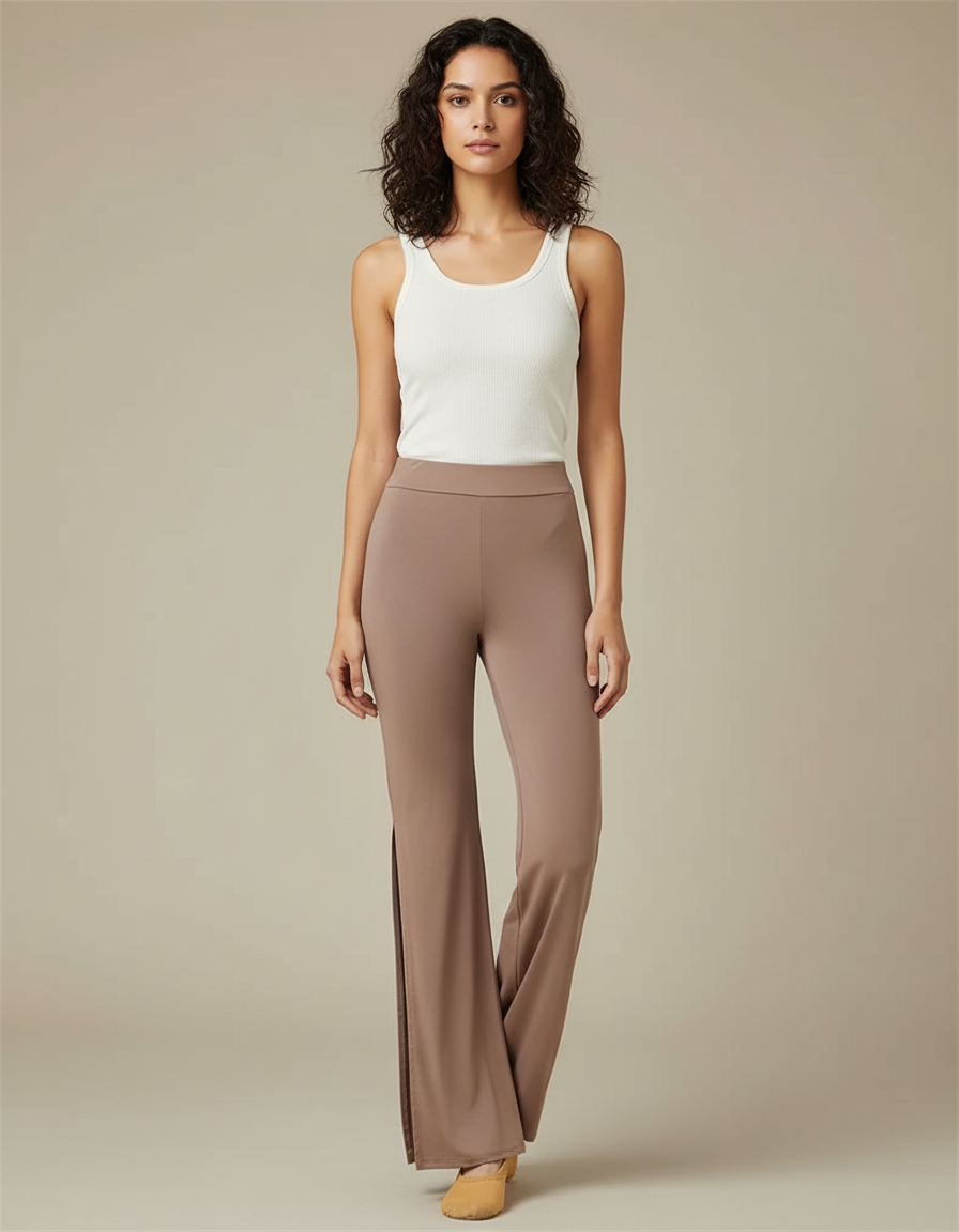 Pantalon Fluide Marron Évasé Fendu Viscose Confortable