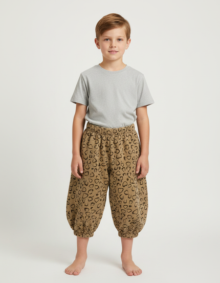 Pantalon Fluide Imprimé Cœur Ample Garçon Marron - Cordé