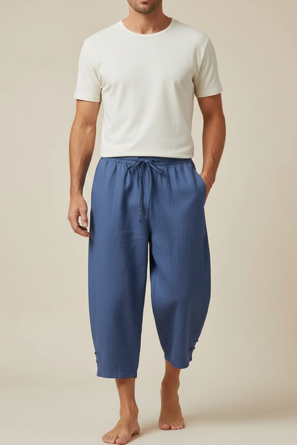 Pantalon Fluide Bleu Coton Lin Ample Décontracté Homme