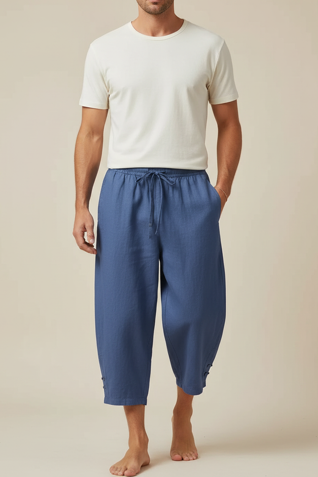 Pantalon Fluide Bleu Coton Lin Ample Décontracté Homme