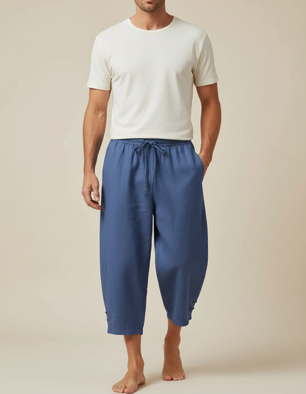 Pantalon Fluide Bleu Coton Lin Ample Décontracté Homme