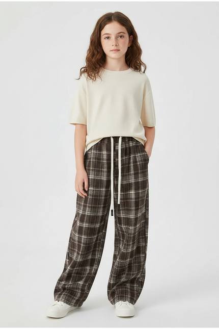 Pantalon Fluide Carreaux Marron Ample Coton Fille - Laine