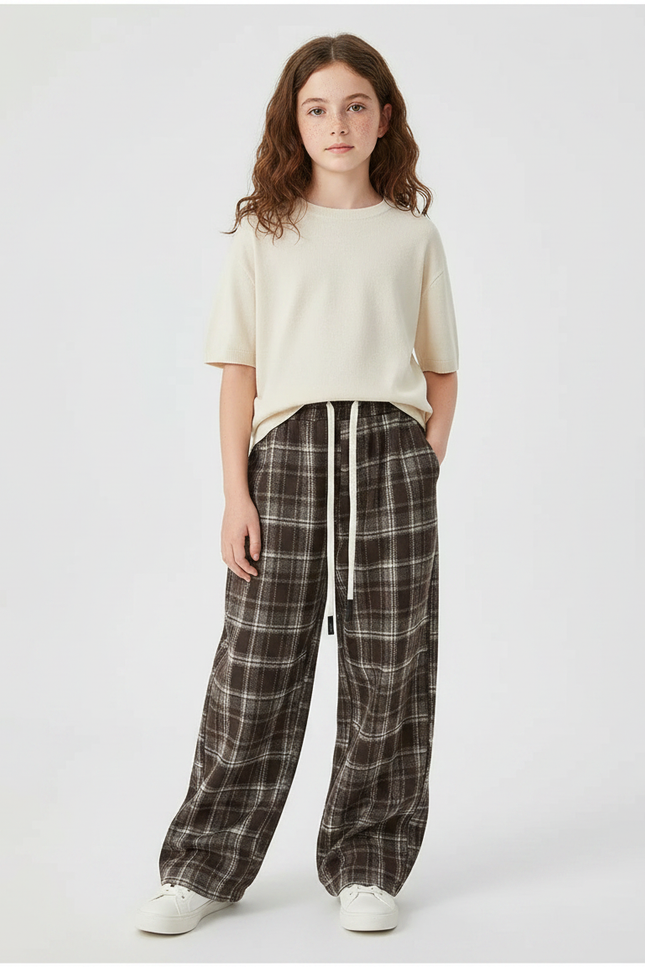 Pantalon Fluide Carreaux Marron Ample Coton Fille - Laine