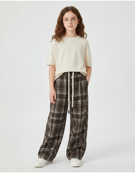 Pantalon Fluide Carreaux Marron Ample Coton Fille - Laine