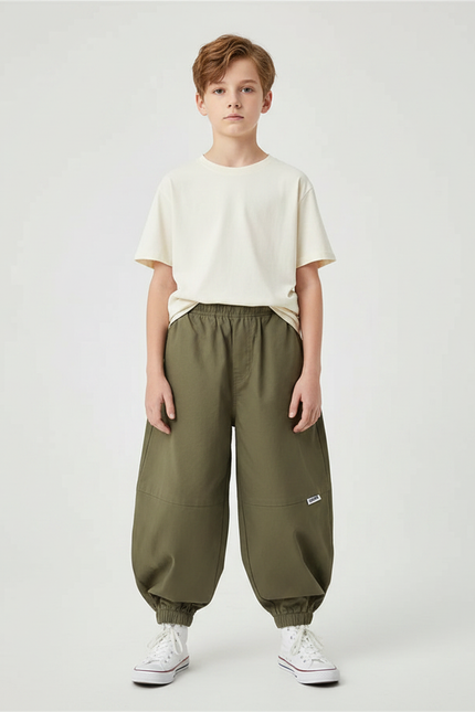 Pantalon Fluide Kaki Ample Cargo Coton Garçon