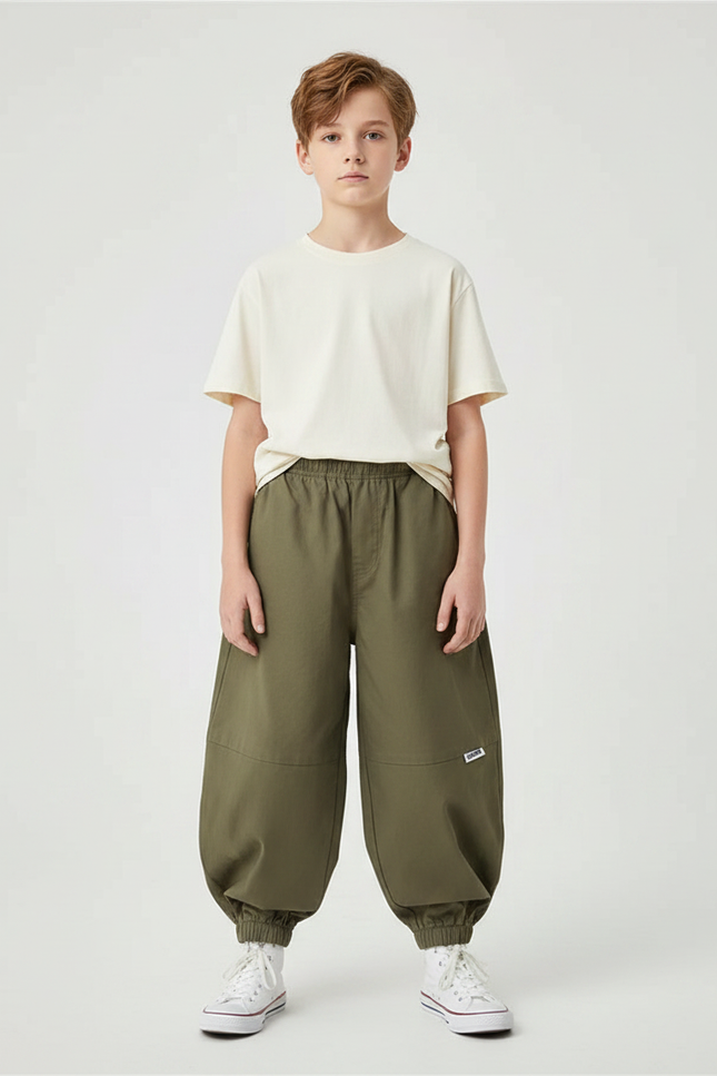 Pantalon Fluide Kaki Ample Cargo Coton Garçon
