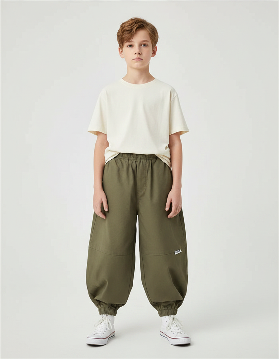 Pantalon Fluide Kaki Ample Cargo Coton Garçon