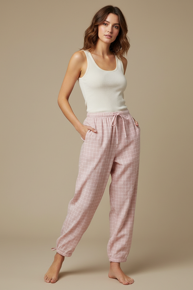 Pantalon Fluide Rose Quadrillé Coton Ample Décontracté Femme - Molleton