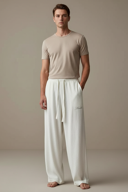 Pantalon Fluide Blanc Ample Cordon Tissé Homme - Lin