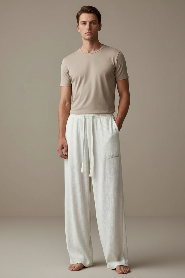 Pantalon Fluide Blanc Ample Cordon Tissé Homme - Lin