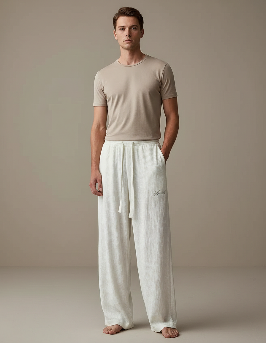 Pantalon Fluide Blanc Ample Cordon Tissé Homme - Lin