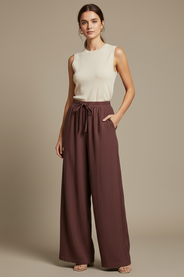 Pantalon Fluide Marron Ample Coton Confortable Décontracté