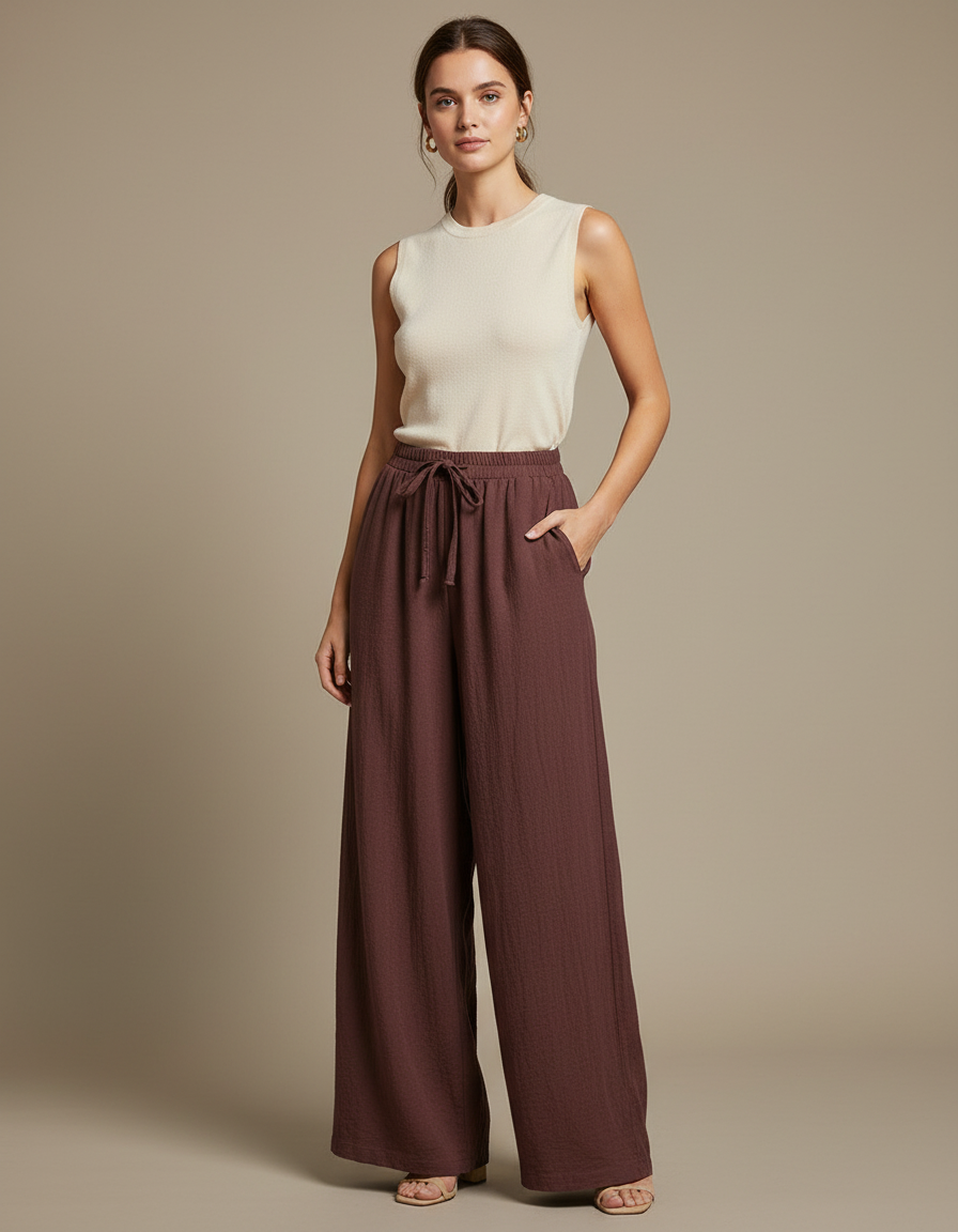 Pantalon Fluide Marron Ample Coton Confortable Décontracté
