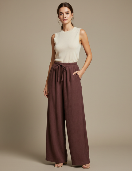 Pantalon Fluide Marron Ample Coton Confortable Décontracté