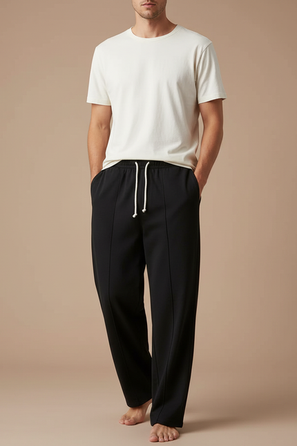 Pantalon Fluide Noir Ample Lacet Décontracté Homme - Polyester
