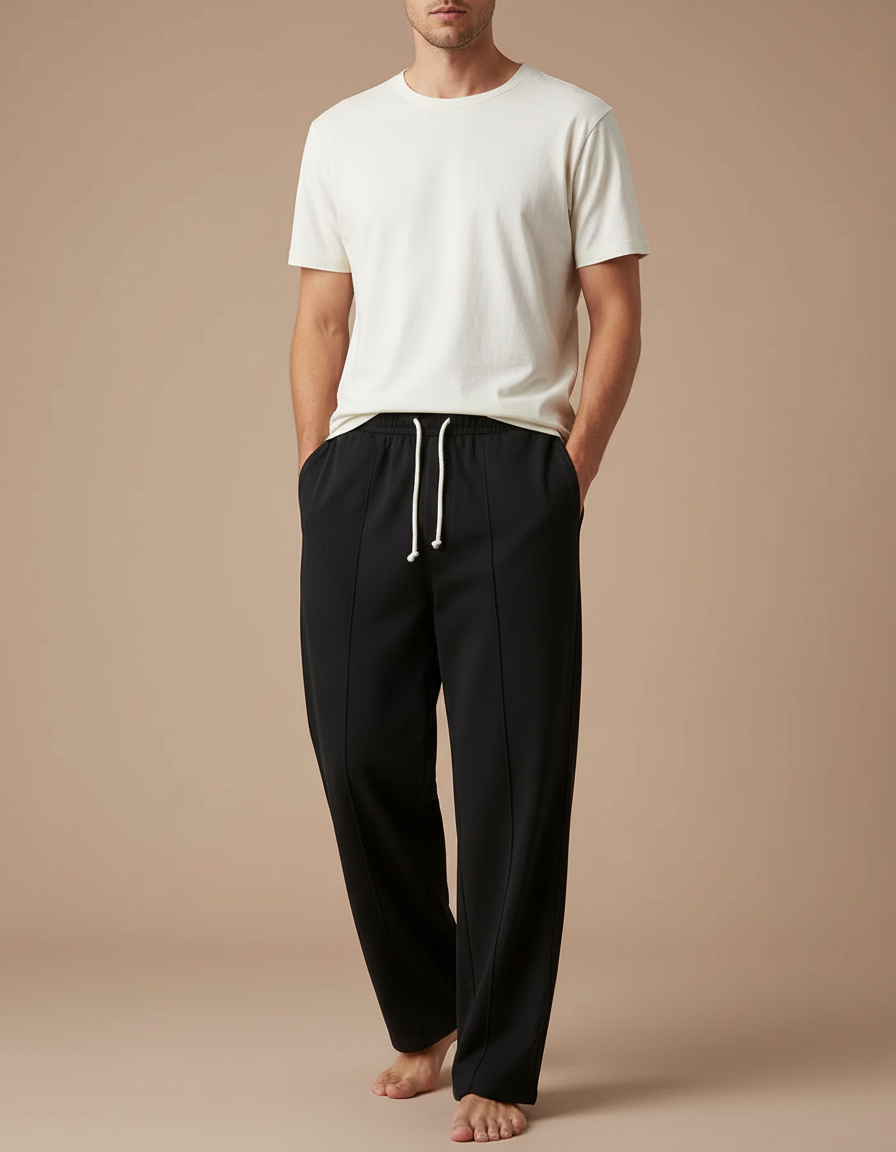 Pantalon Fluide Noir Ample Lacet Décontracté Homme - Polyester