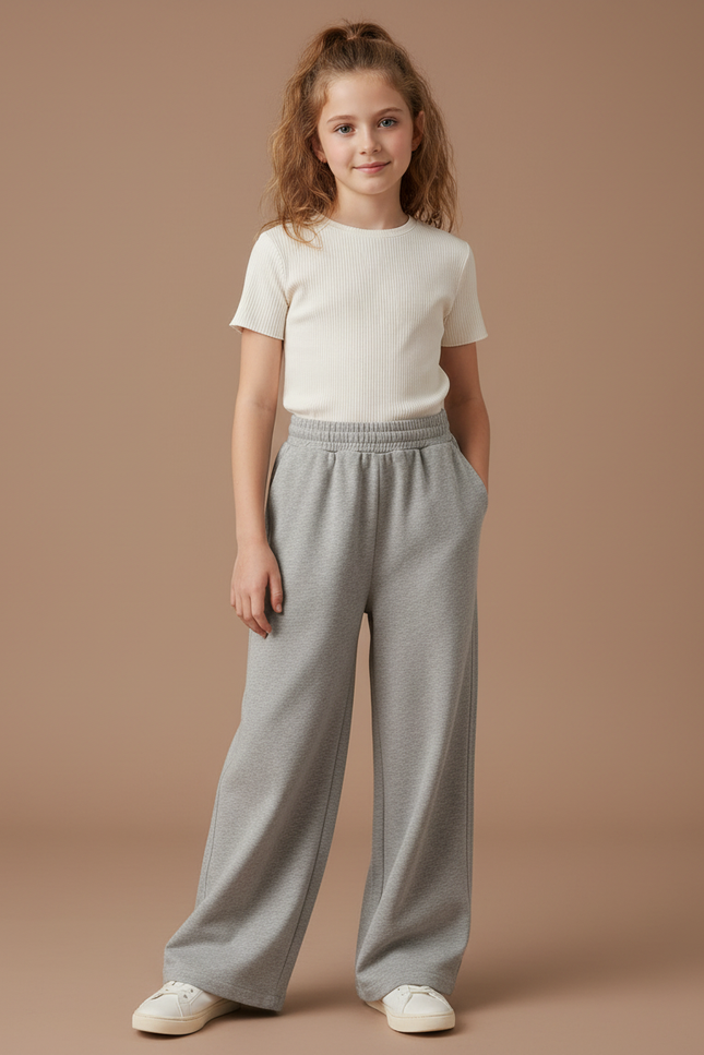 Pantalon Fluide Gris Ample Molletonné Confortable Fille