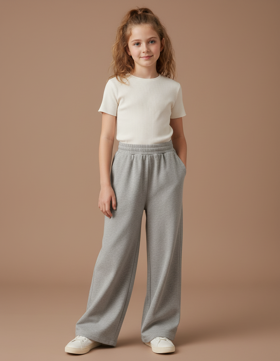 Pantalon Fluide Gris Ample Molletonné Confortable Fille