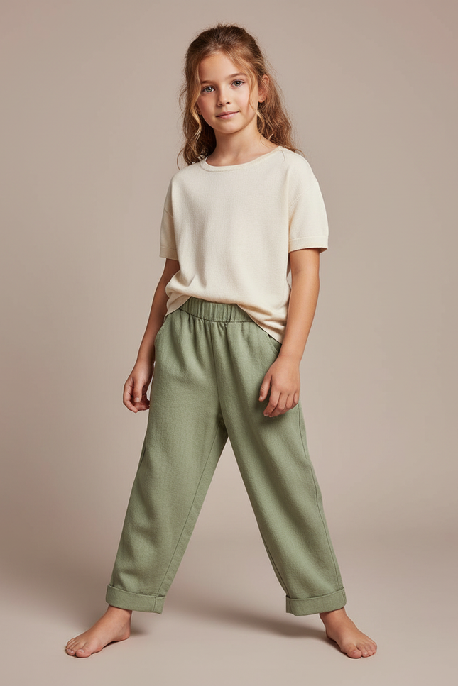 Pantalon Fluide Vert Ample Décontracté Fille - Molleton