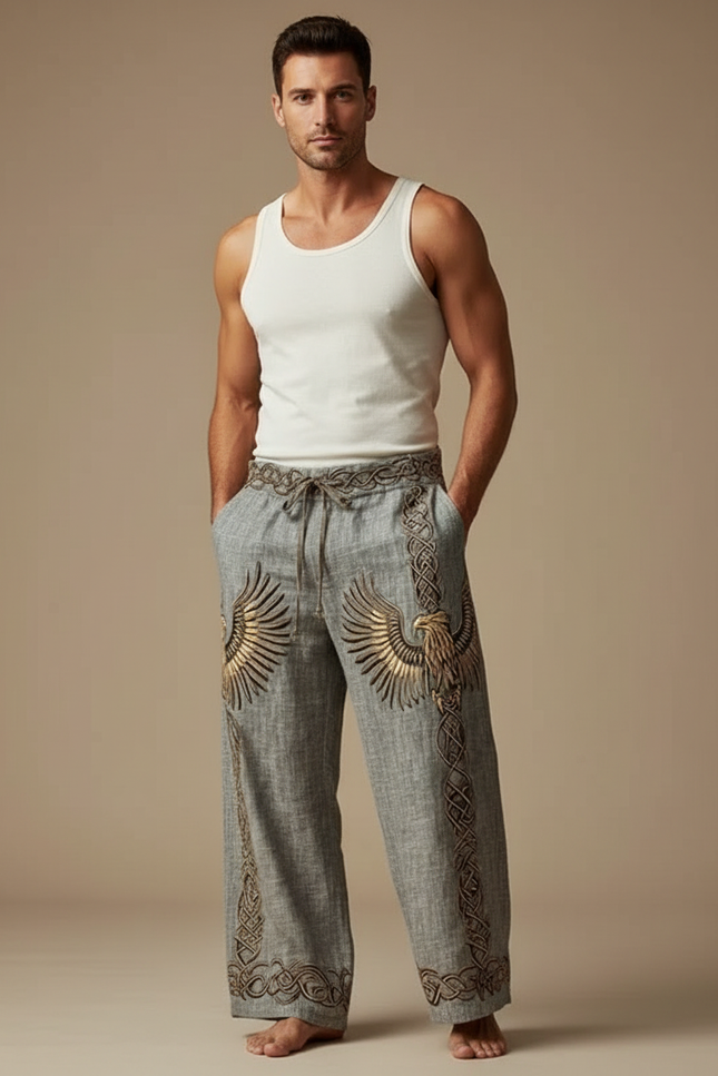 Pantalon Fluide Gris Lin Ample Brodé Aigle Viking
