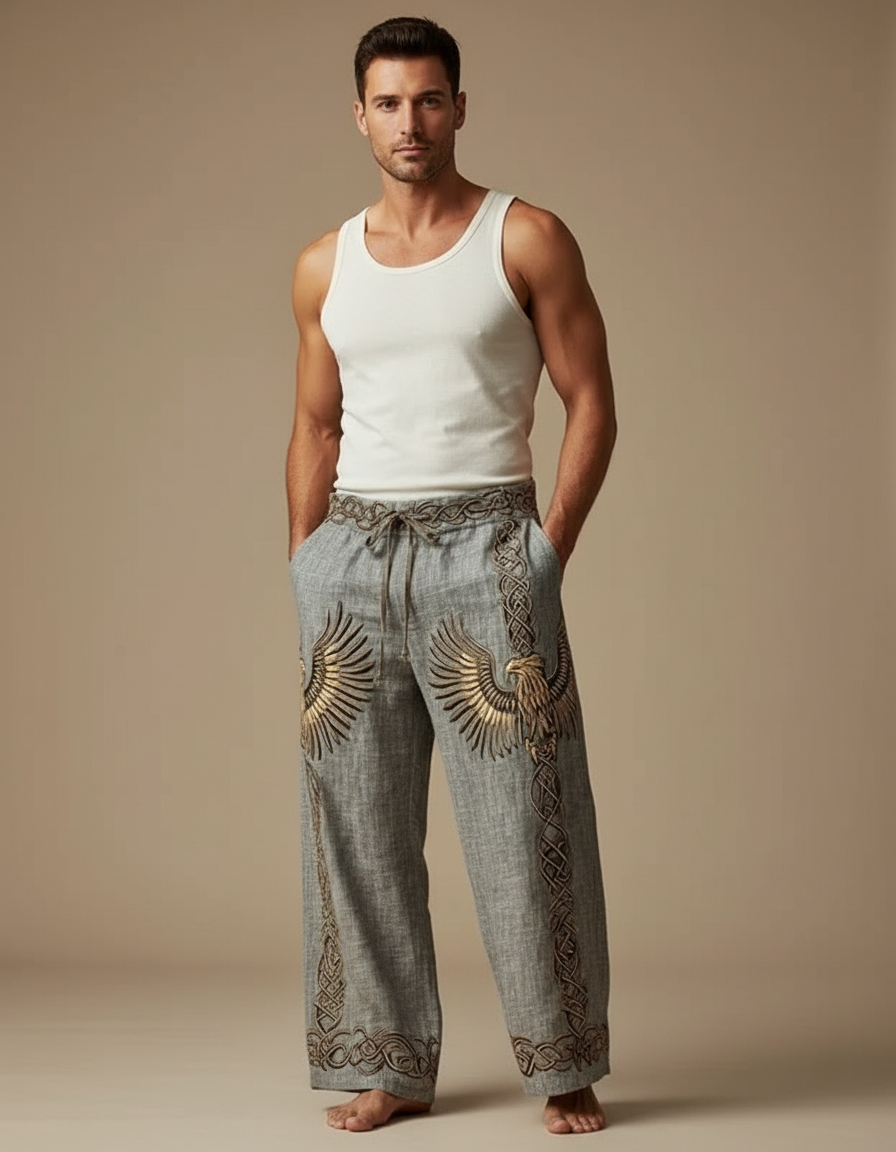 Pantalon Fluide Gris Lin Ample Brodé Aigle Viking