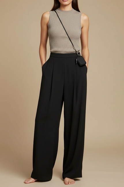 Pantalon Fluide Noir Ample Plissé Décontracté Femme - Viscose