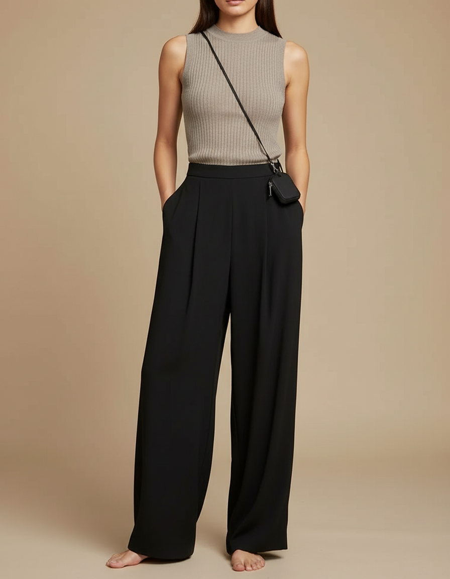 Pantalon Fluide Noir Ample Plissé Décontracté Femme - Viscose