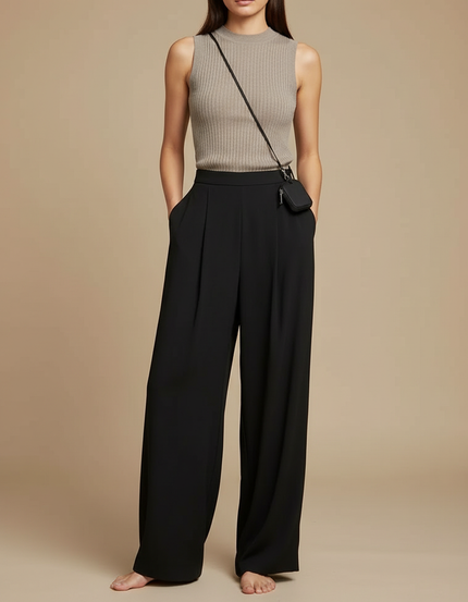 Pantalon Fluide Noir Ample Plissé Décontracté Femme - Viscose