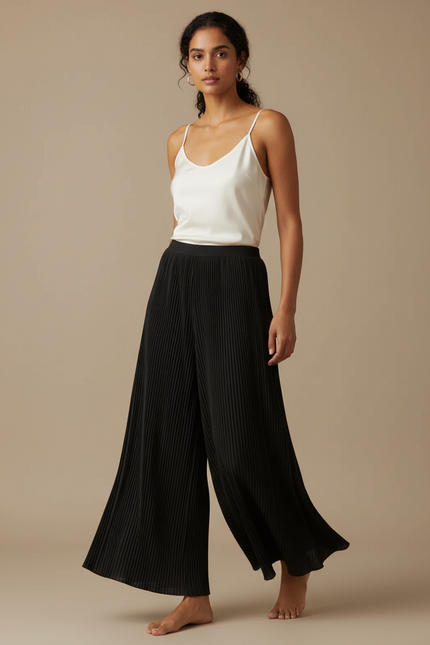 Pantalon Fluide Plissé Noir Large Élégant Femme - Polyester